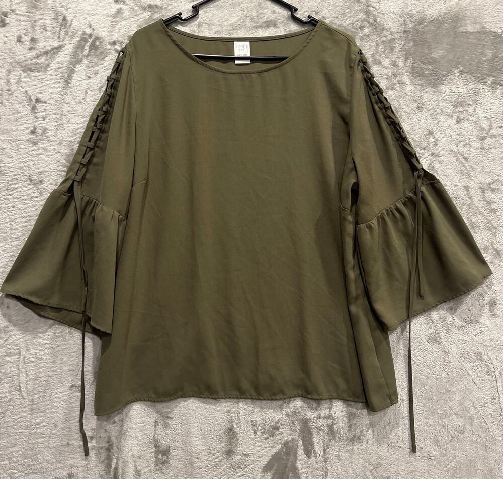 Time and Tru Olive Blouse Lattice-Detailed Sleeves Flared Bell Cuffs XXL 20